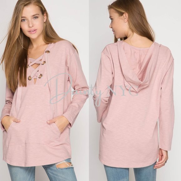 CLEARANCE! Lace Up V Neck Lightweight Hoodie - Picture 3 of 7